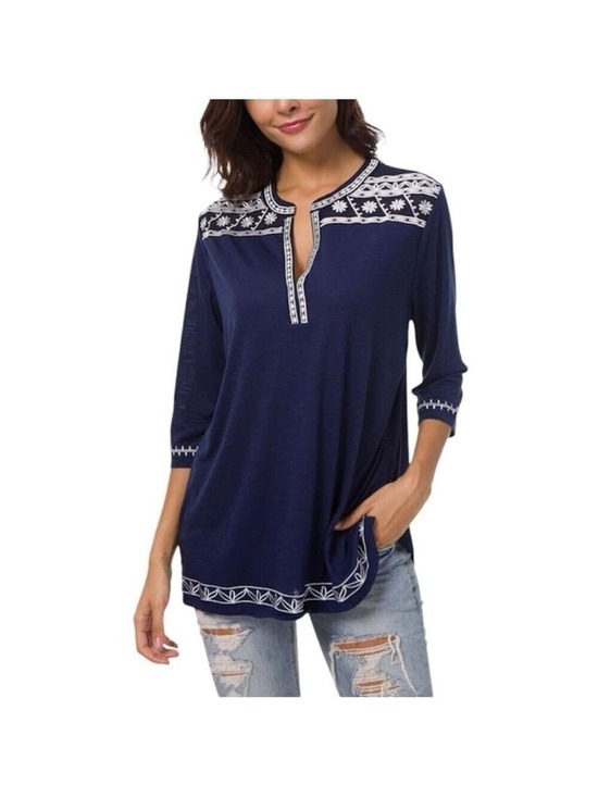 Cb Established 1962 Tops - CB Established 1962 Womans Top 3/4 Sleeves Boho Black Shirt Embroidered Peasant